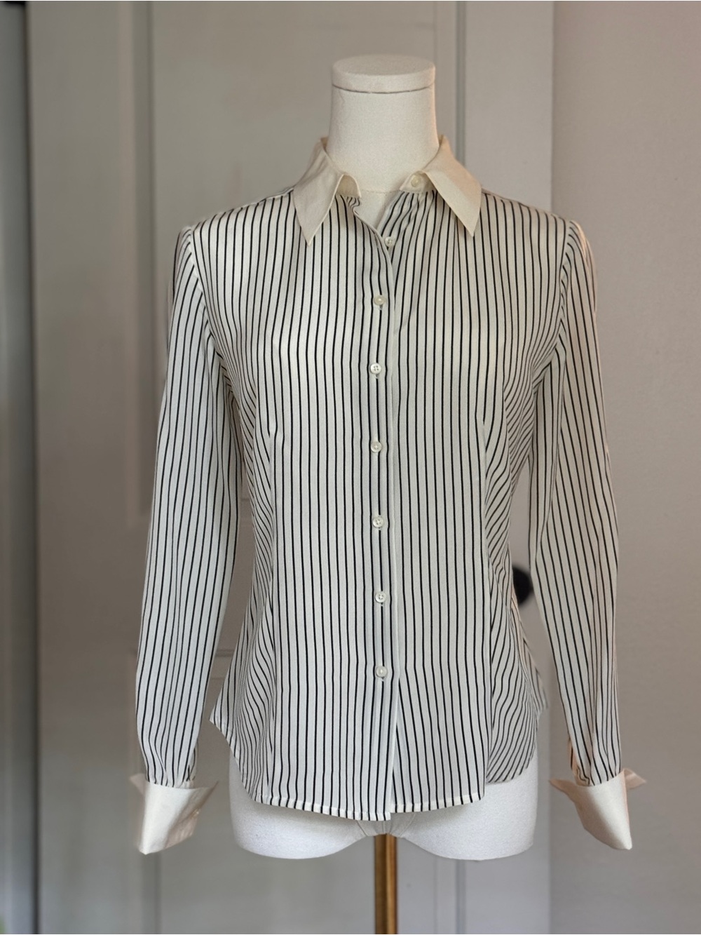 NWT 100% Silk Classic Black-Stripe Button-Up Blouse